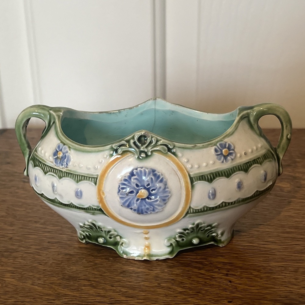 Antique Green/Lavender Majolica Art Nouveau Jardinière Floral 6” x 3” ~Hairline